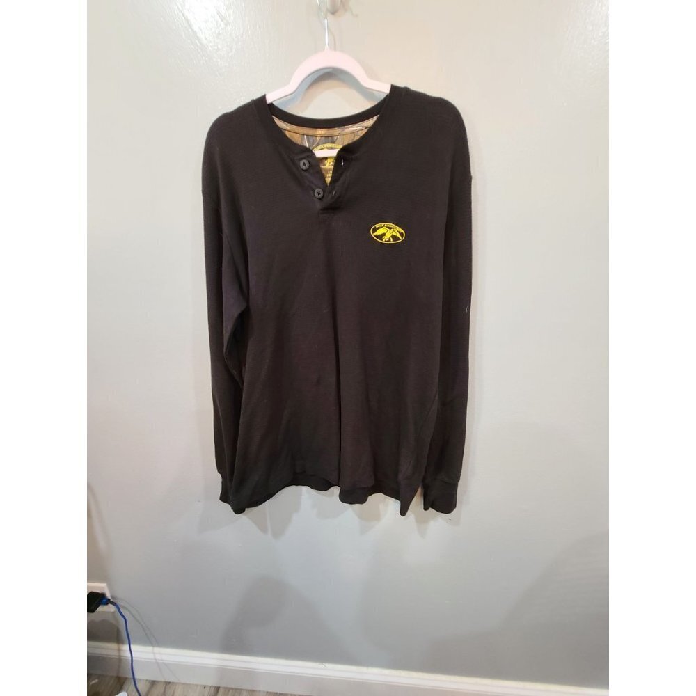 Duck Commander Shirt Men's Large 42-44 Waffle Knit Black Long Sleeve 1/4 Button